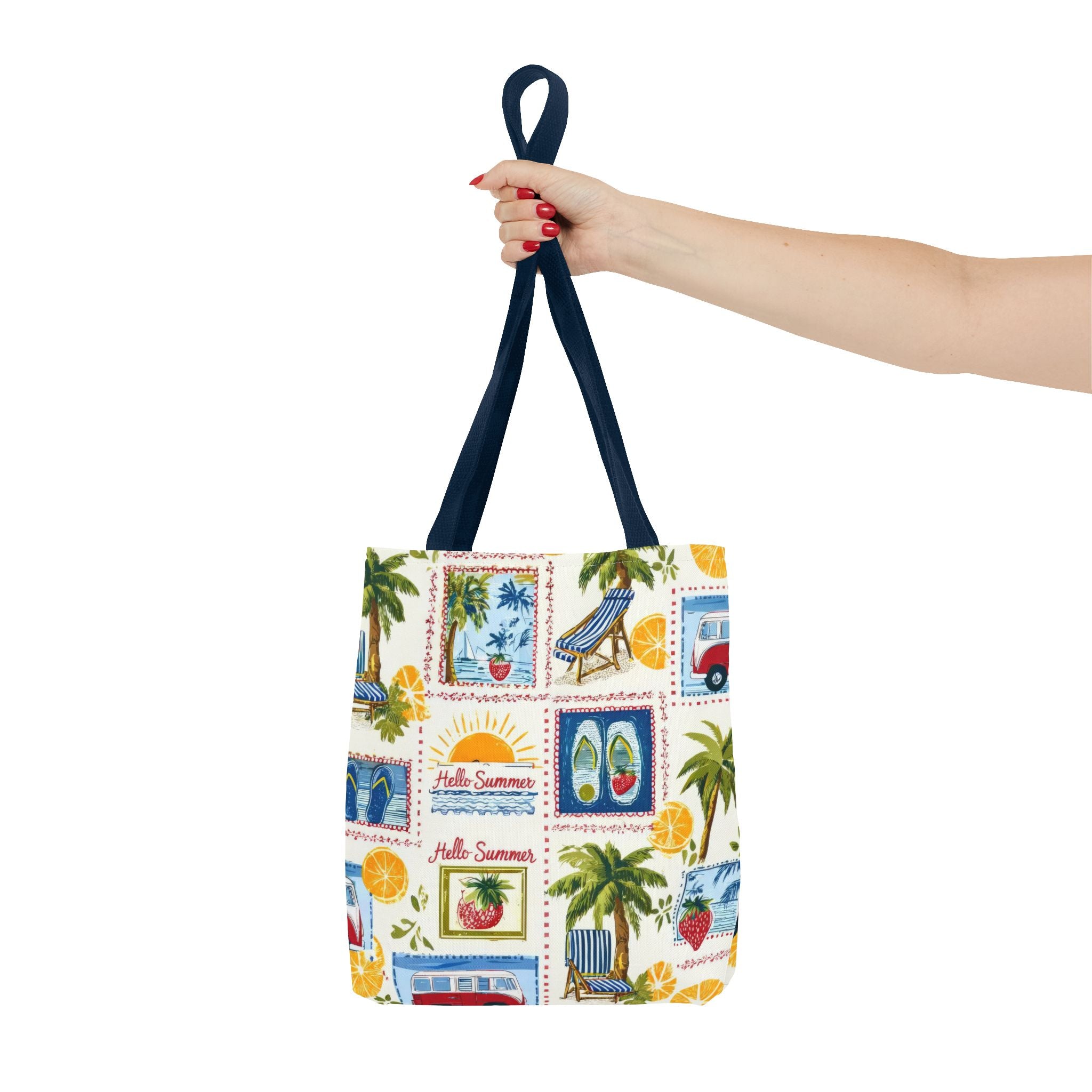 Hello Summer collage Tote Bag | beach palm trees flip flops camper van