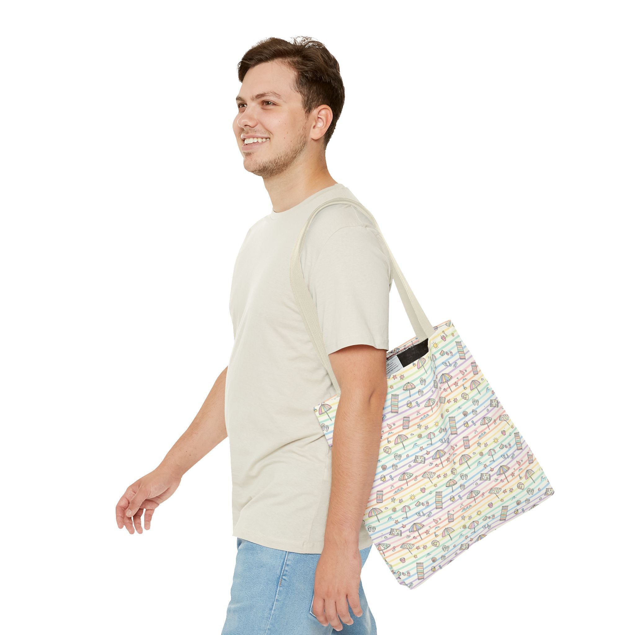 Pastel Beach Pattern Tote Bag | Seashells, Umbrellas, Flip Flops