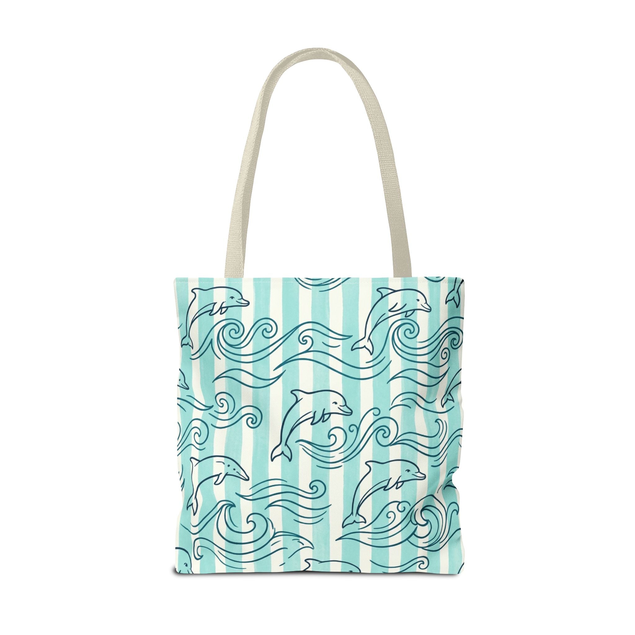Dolphin Wave Pattern Tote Bag | Aqua Striped Ocean Design