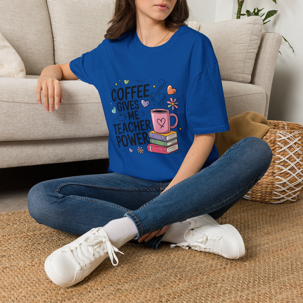 Coffee Gives Me Teacher Power T-Shirt | Teacher Coffee Mug Stack Design