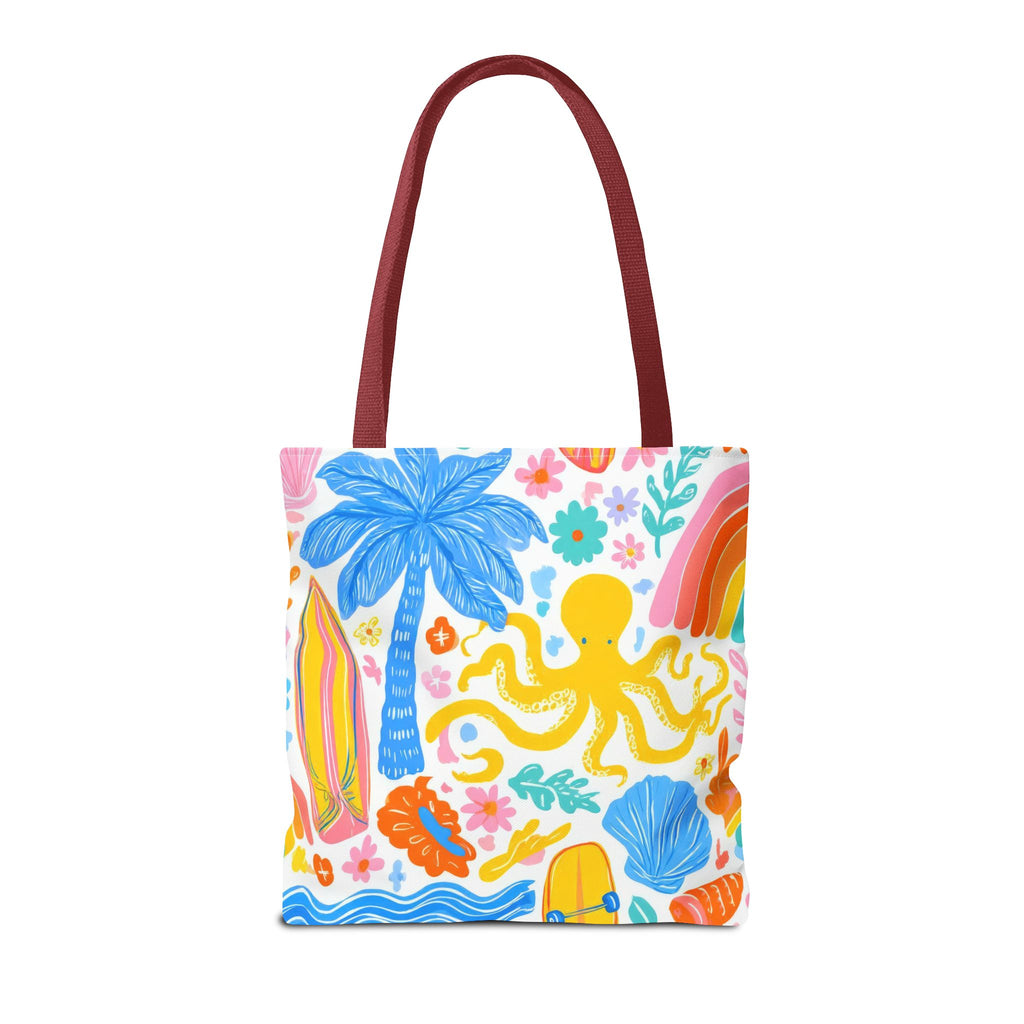 Colorful Beach Octopus Tote Bag | Tropical Palm, Surfboard, Rainbow Print