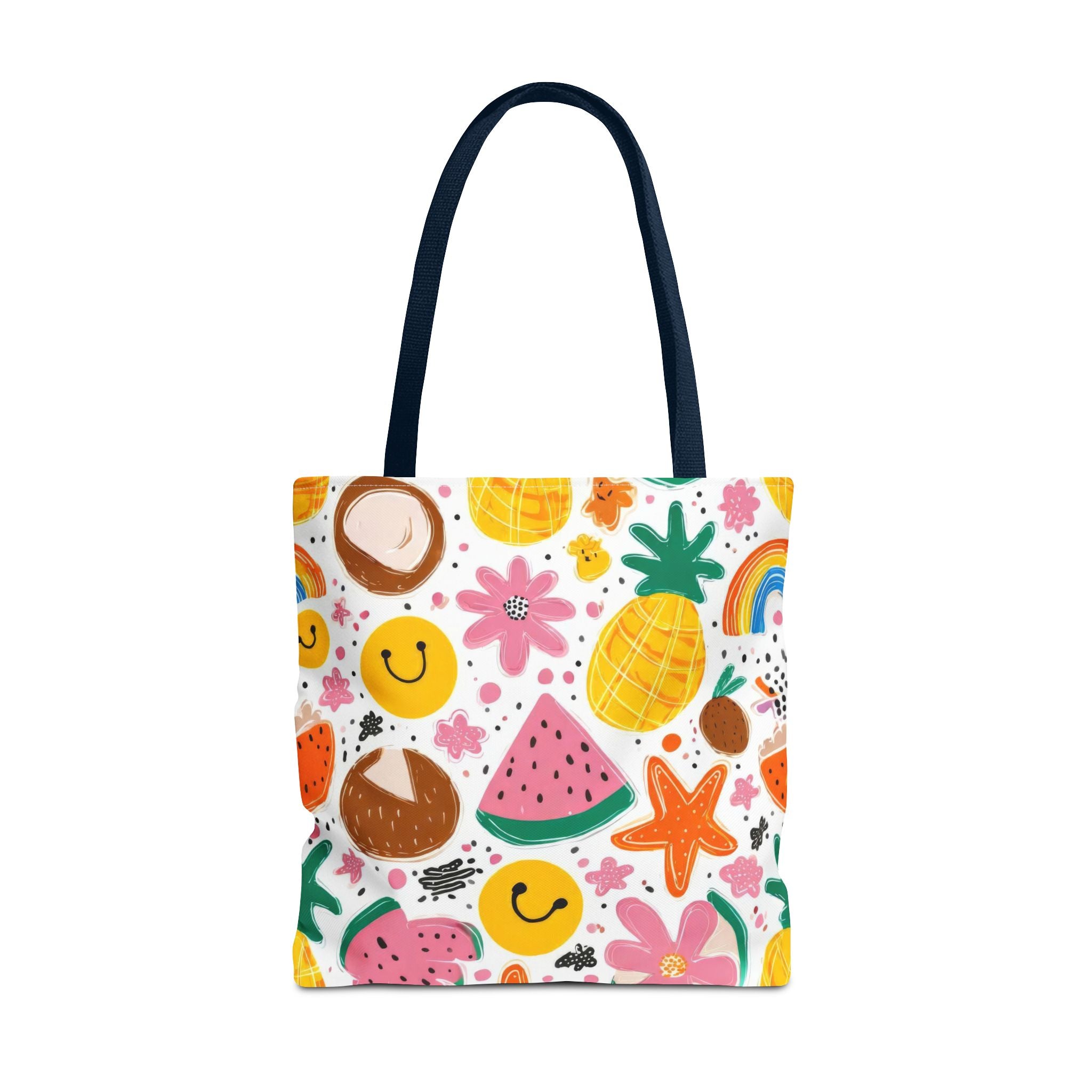 Tropical Fruit Pattern Tote Bag | Pineapple Watermelon Coconut Smiley