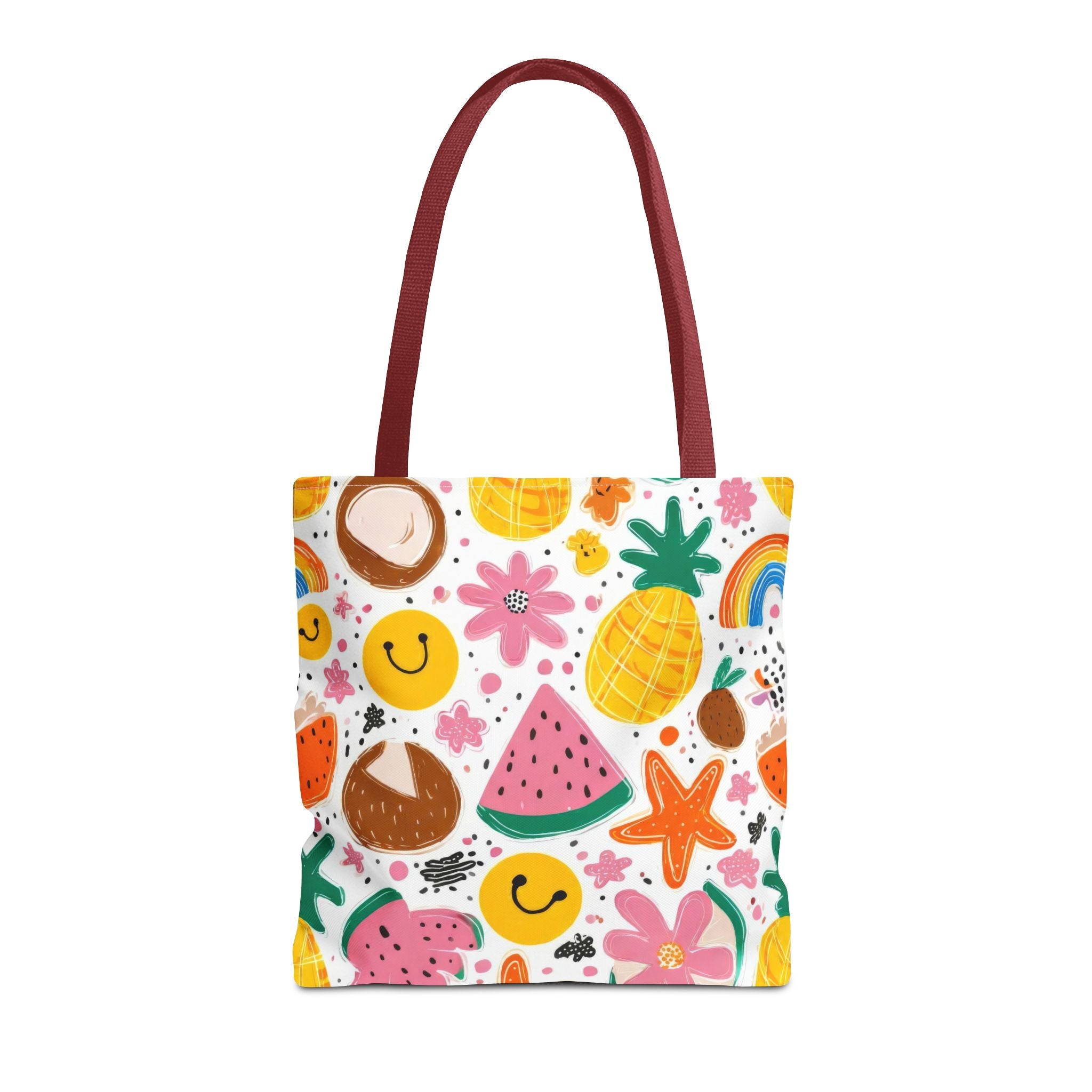 Tropical Fruit Pattern Tote Bag | Pineapple Watermelon Coconut Smiley