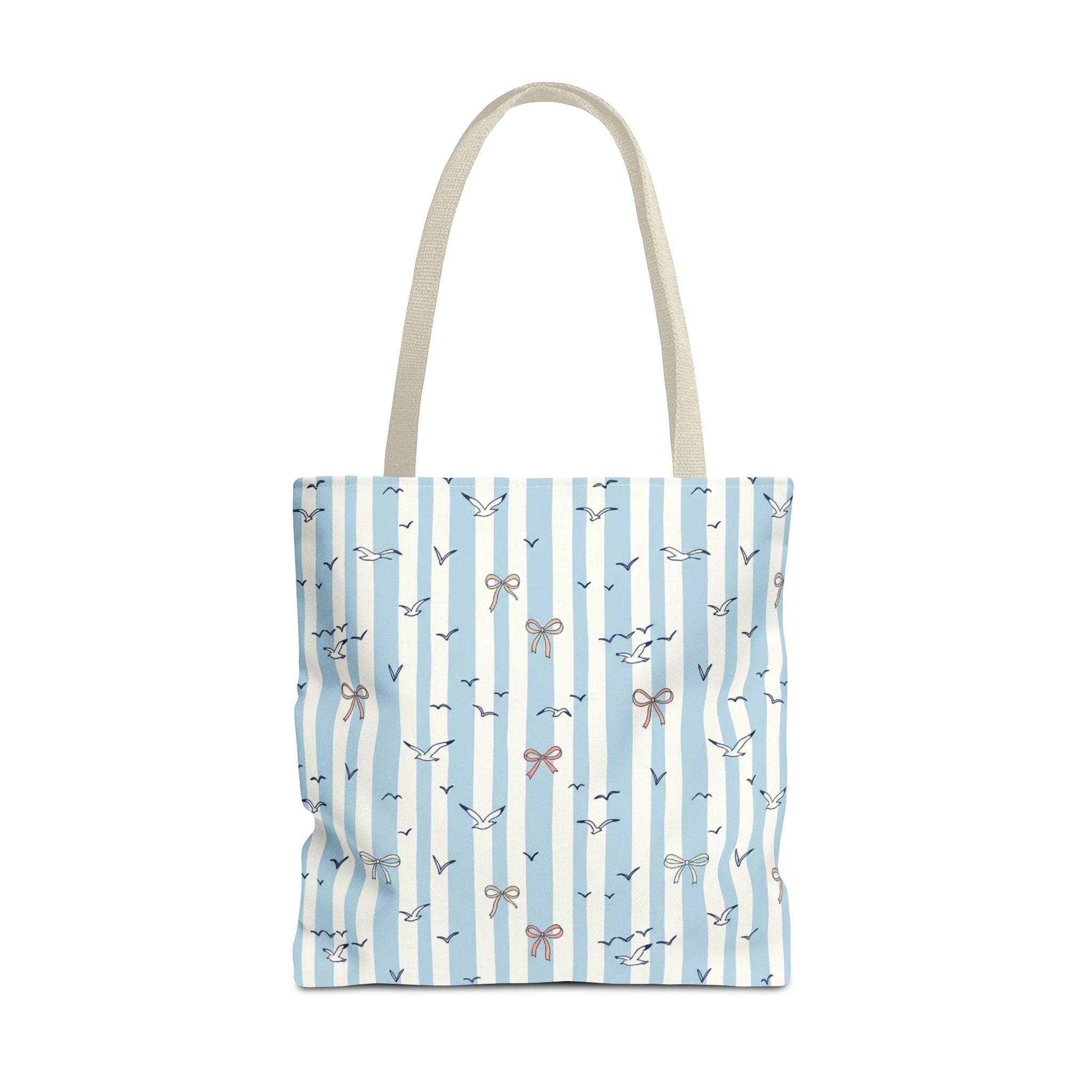 Blue Striped Bows and Birds Tote Bag