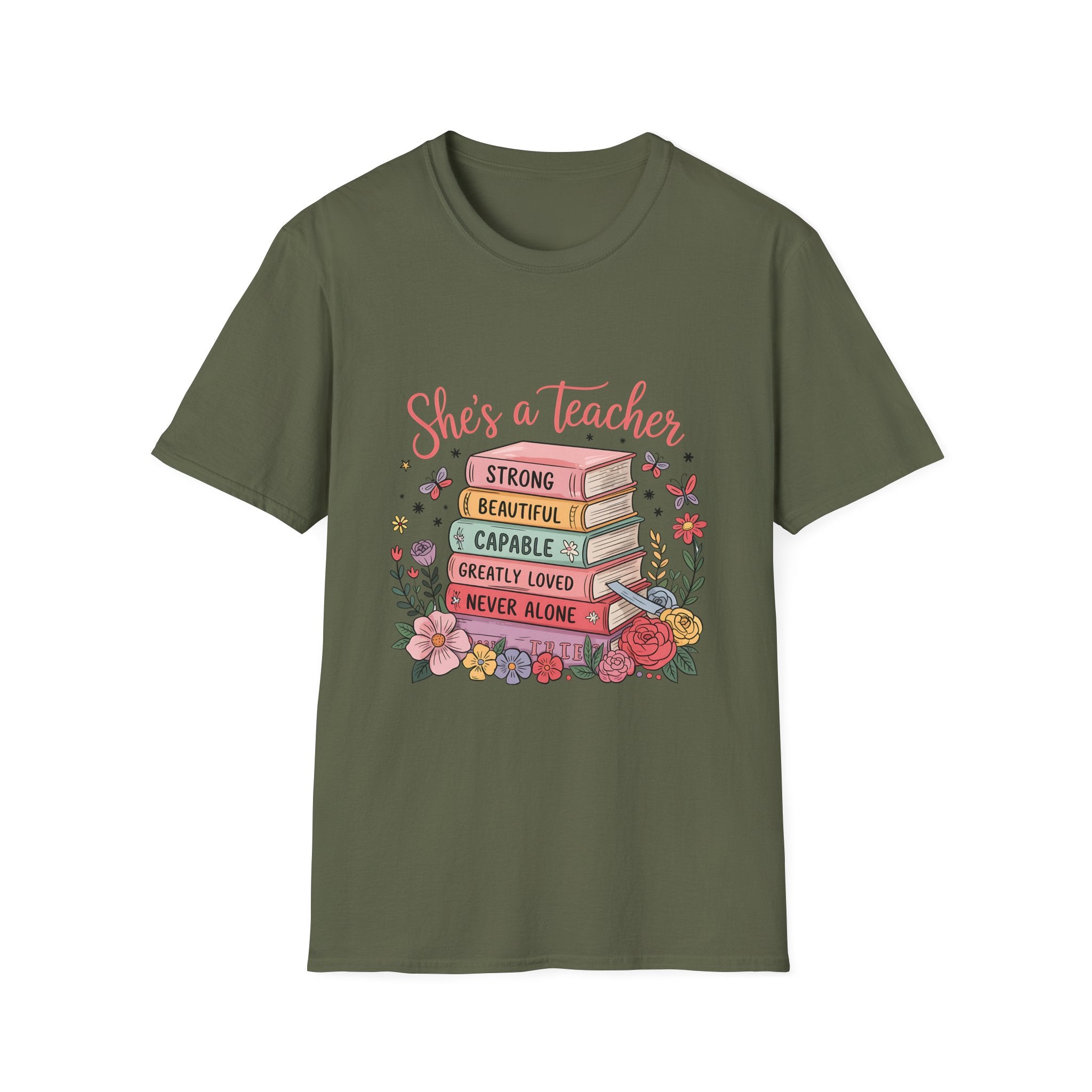 She's a Teacher stack of books floral design T-Shirt | teacher appreciation, inspirational quote