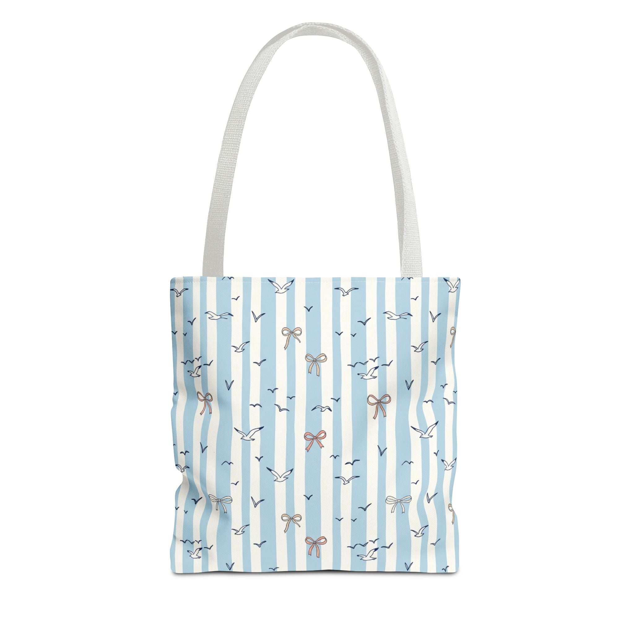 Blue Striped Bows and Birds Tote Bag
