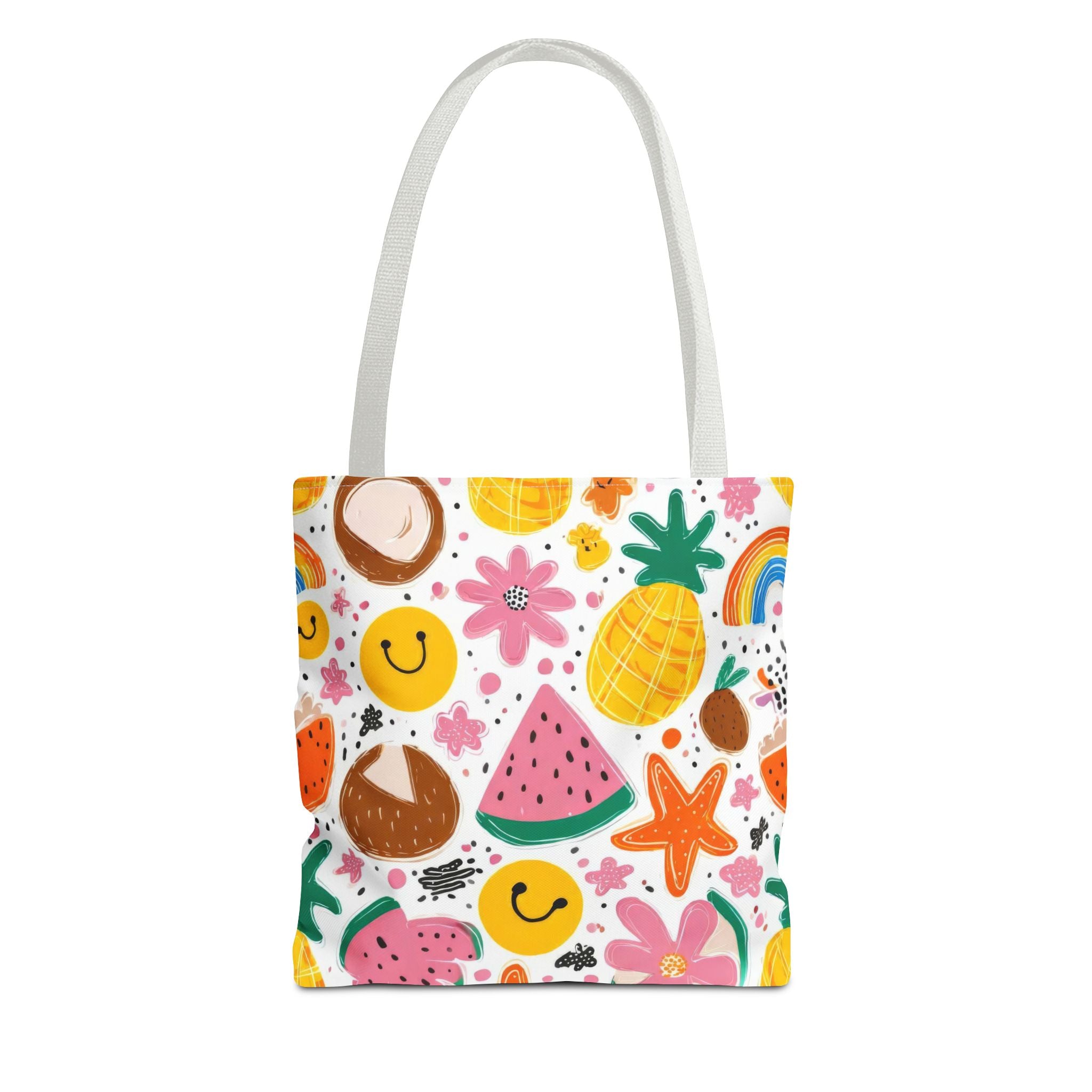Tropical Fruit Pattern Tote Bag | Pineapple Watermelon Coconut Smiley