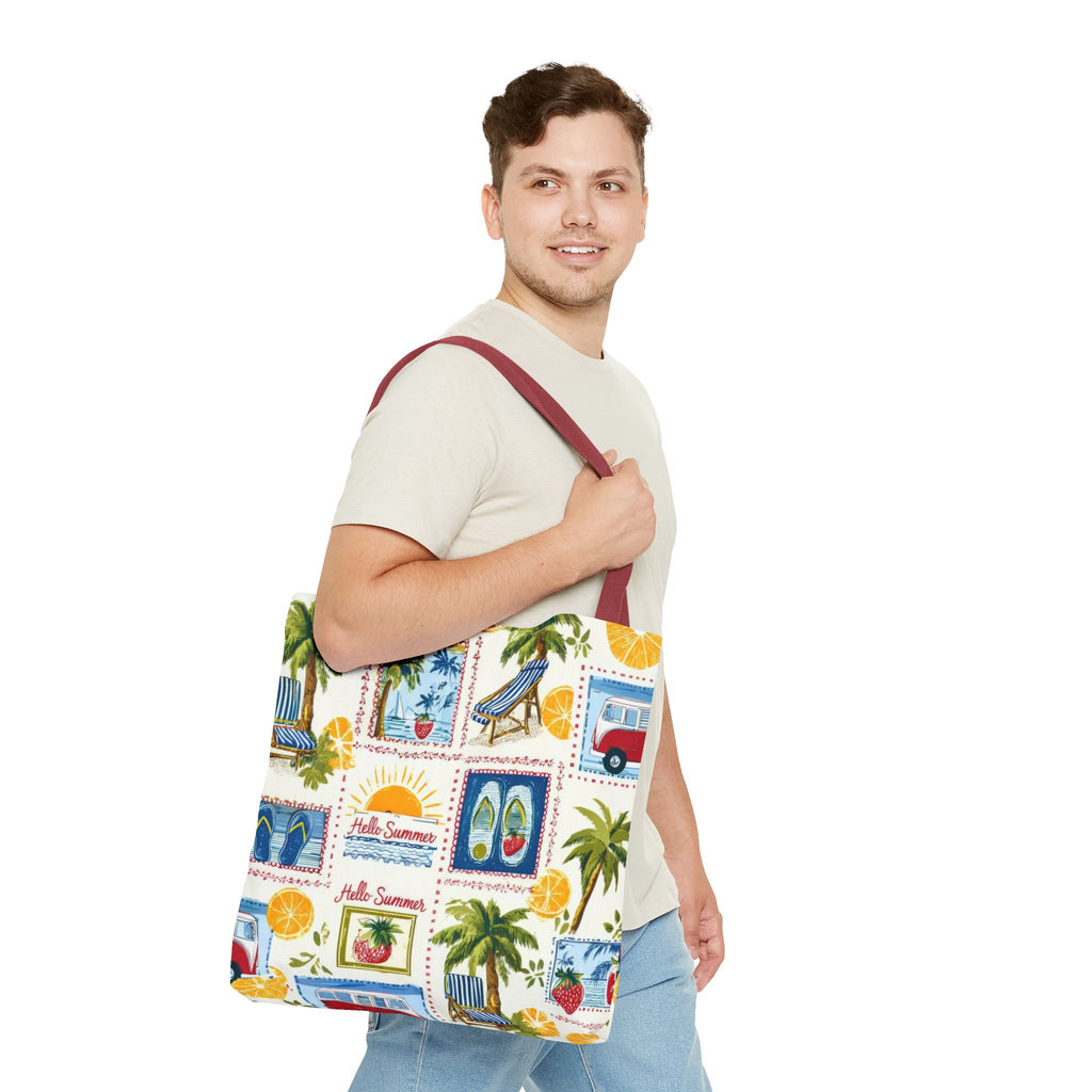 Hello Summer collage Tote Bag | beach palm trees flip flops camper van