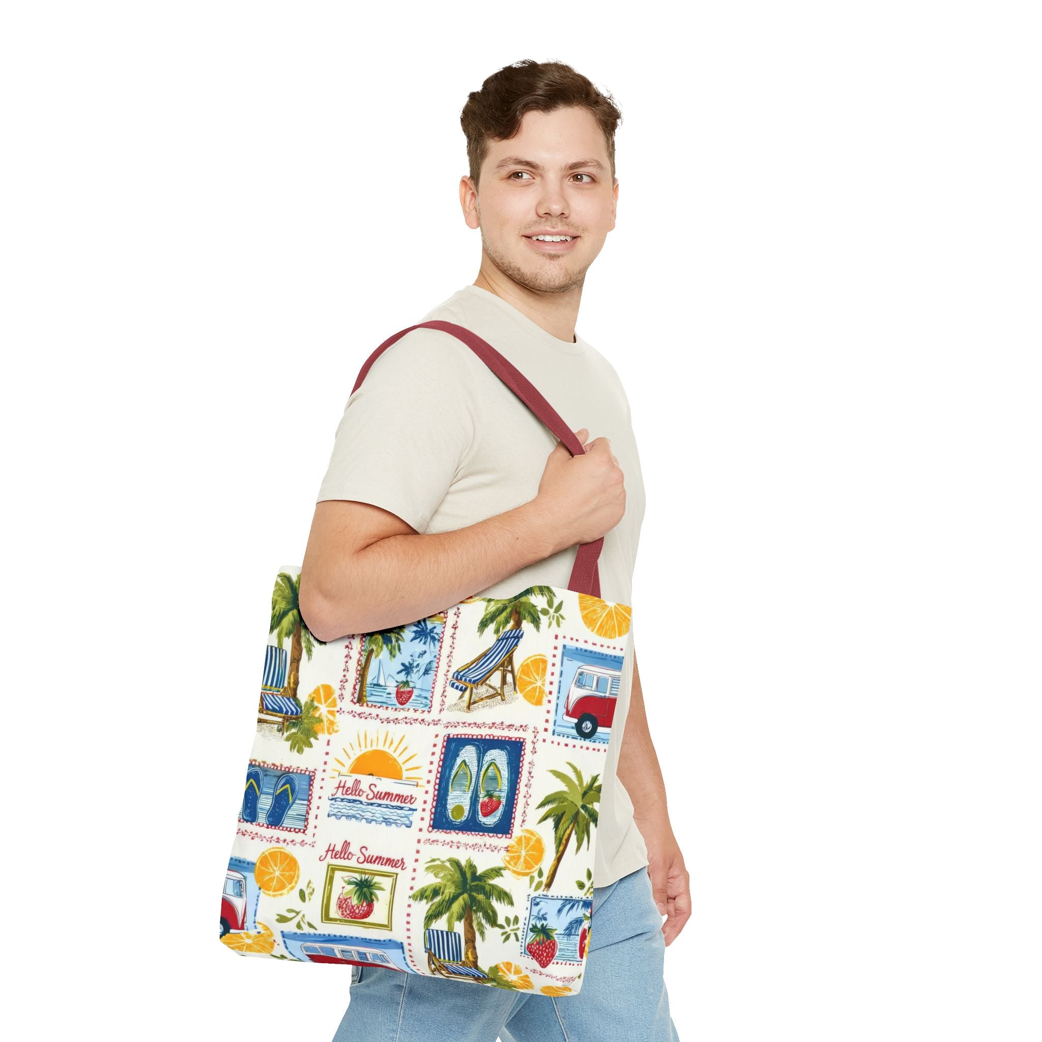 Hello Summer collage Tote Bag | beach palm trees flip flops camper van