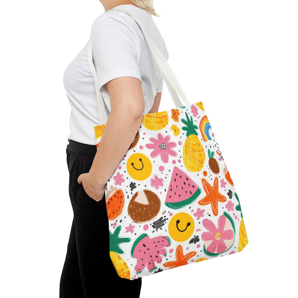 Tropical Fruit Pattern Tote Bag | Pineapple Watermelon Coconut Smiley