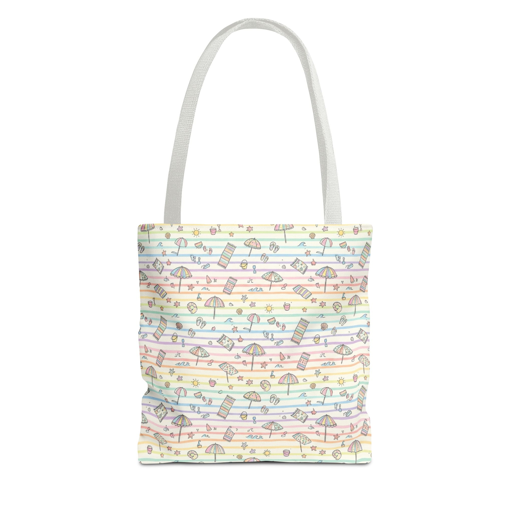 Pastel Beach Pattern Tote Bag | Seashells, Umbrellas, Flip Flops