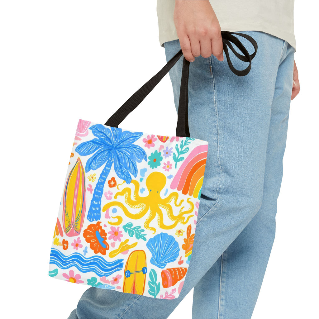 Colorful Beach Octopus Tote Bag | Tropical Palm, Surfboard, Rainbow Print