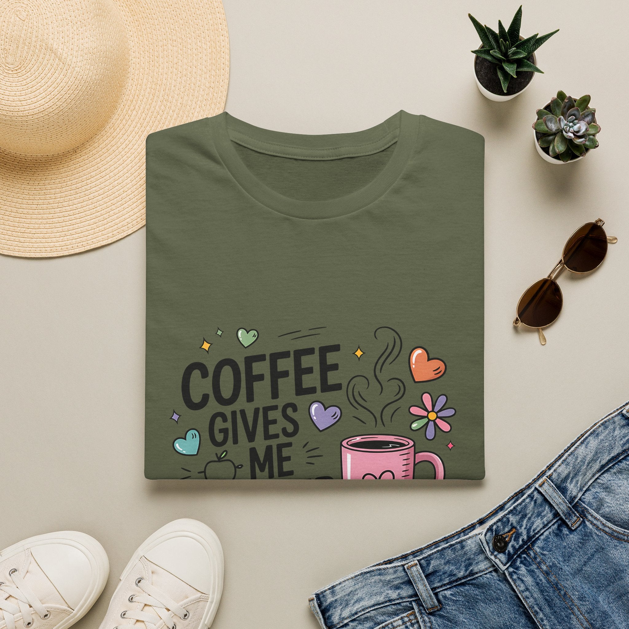 Coffee Gives Me Teacher Power T-Shirt | Teacher Coffee Mug Stack Design