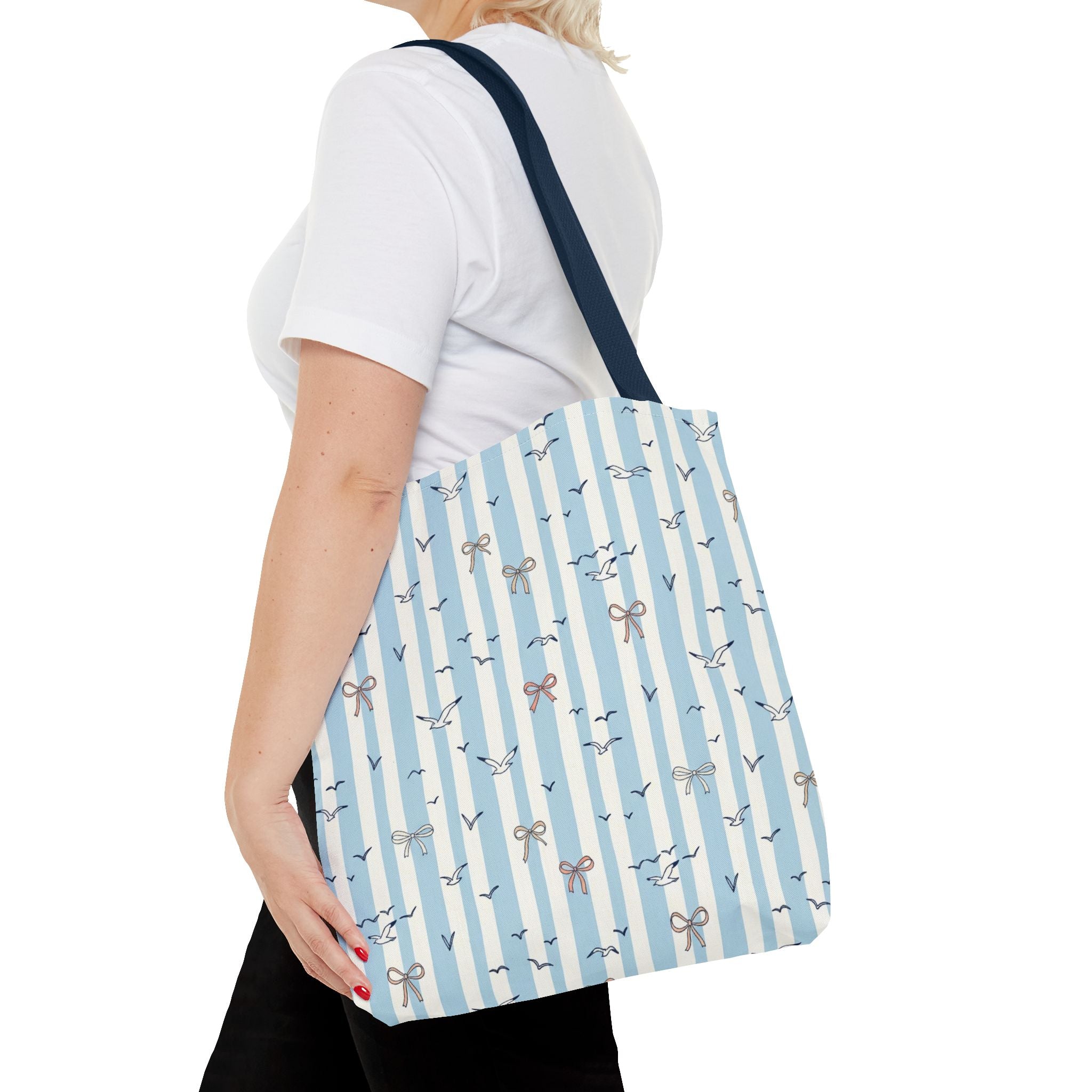 Blue Striped Bows and Birds Tote Bag