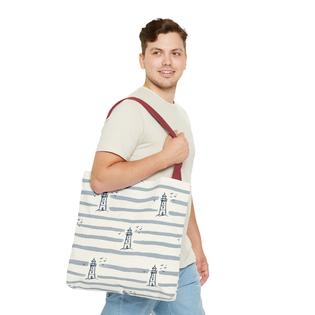 Nautical Lighthouse Pattern Tote Bag | Striped Coastal Beach Tote
