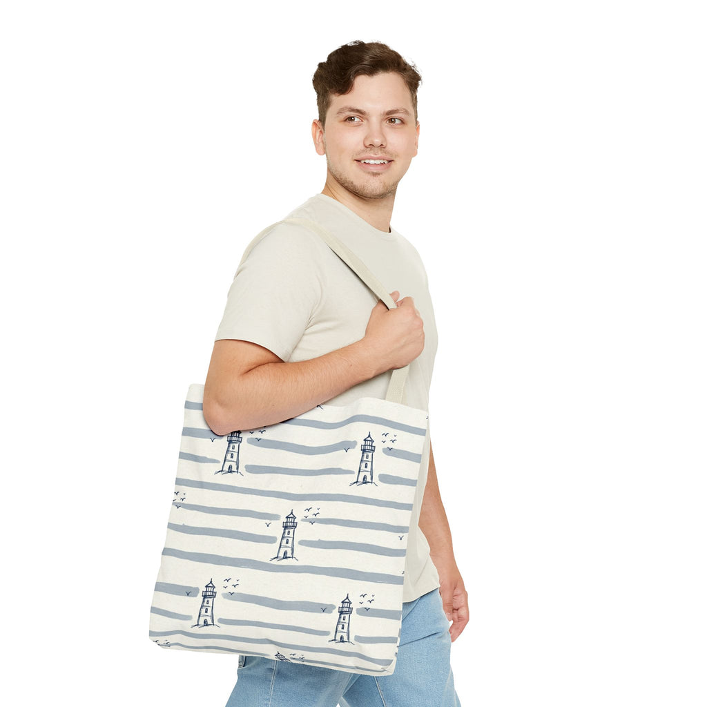 Nautical Lighthouse Pattern Tote Bag | Striped Coastal Beach Tote