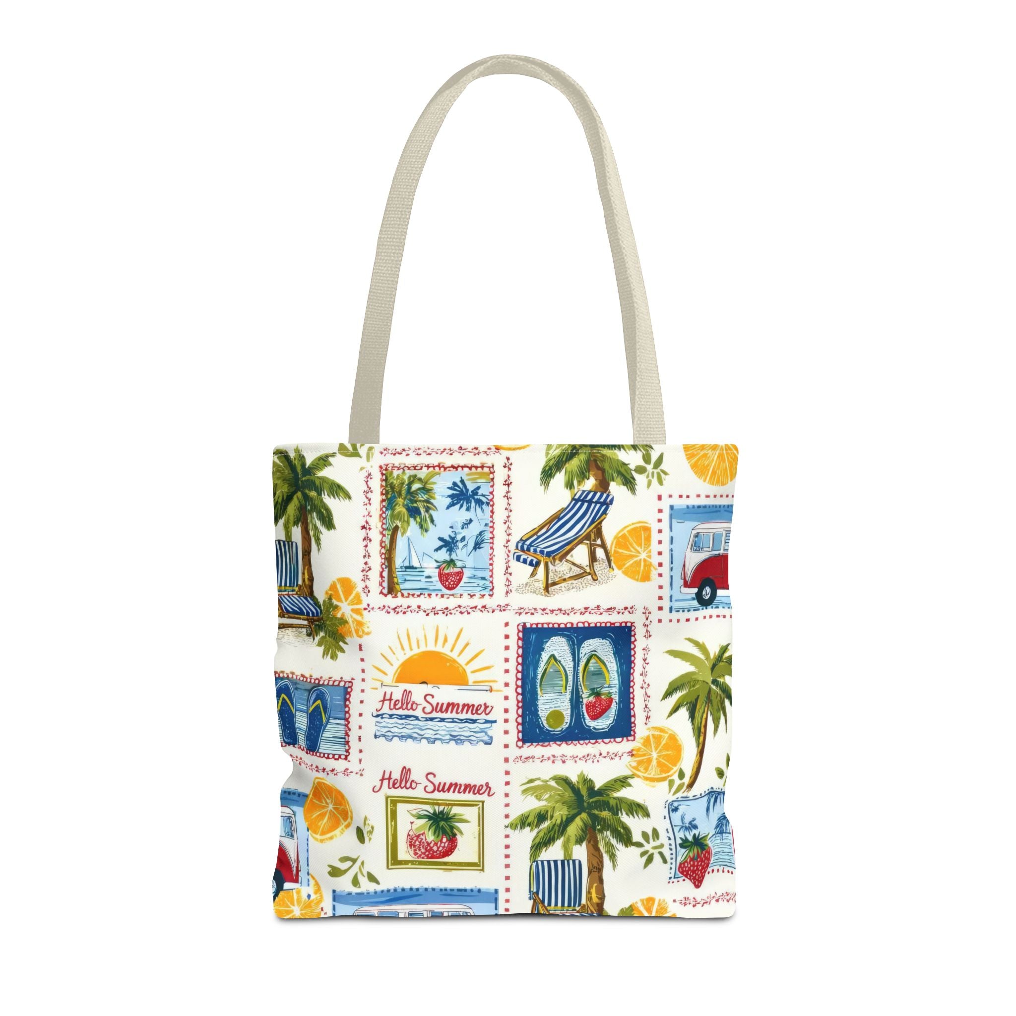 Hello Summer collage Tote Bag | beach palm trees flip flops camper van