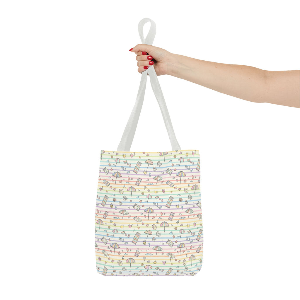 Pastel Beach Pattern Tote Bag | Seashells, Umbrellas, Flip Flops
