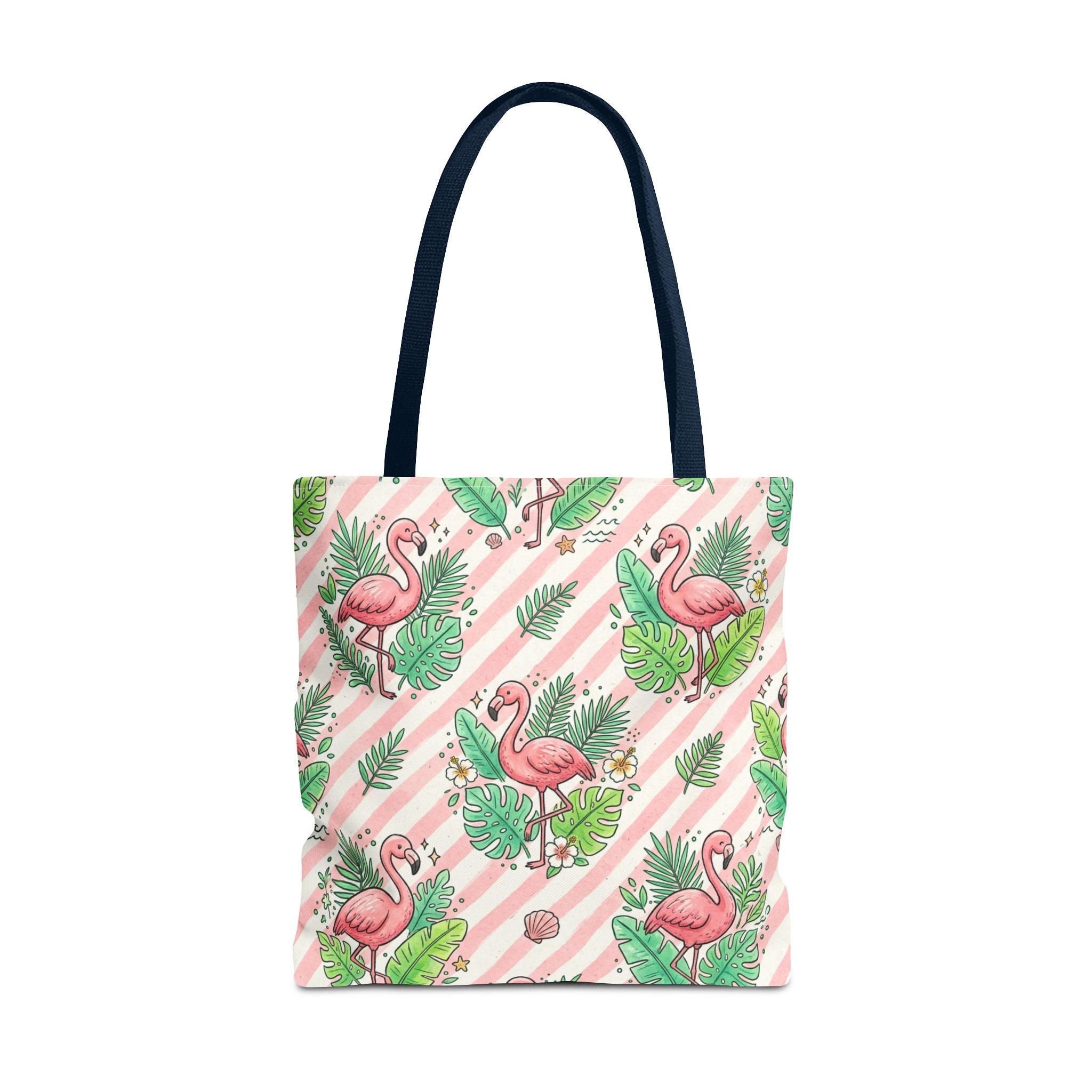 Pink Flamingo Pattern Tote Bag | Tropical Leaves Striped All-Over Print