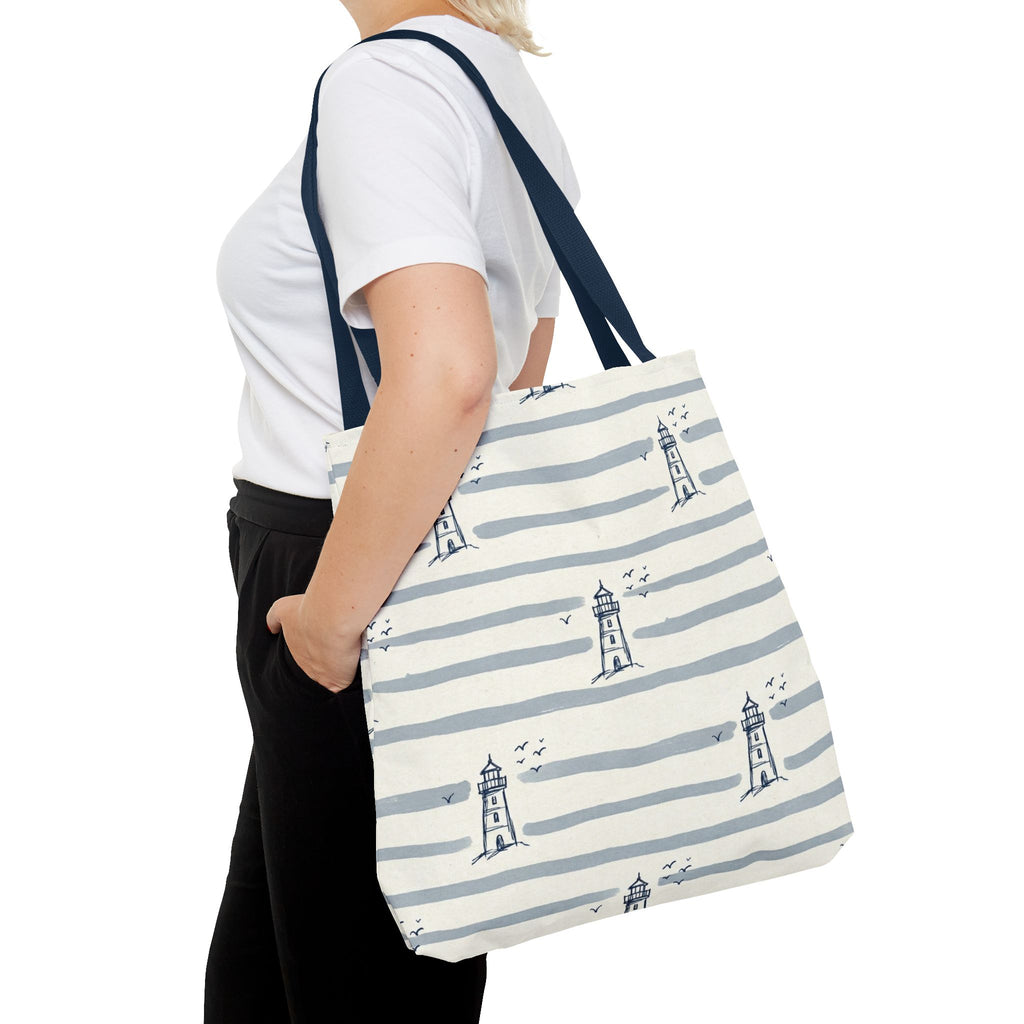 Nautical Lighthouse Pattern Tote Bag | Striped Coastal Beach Tote