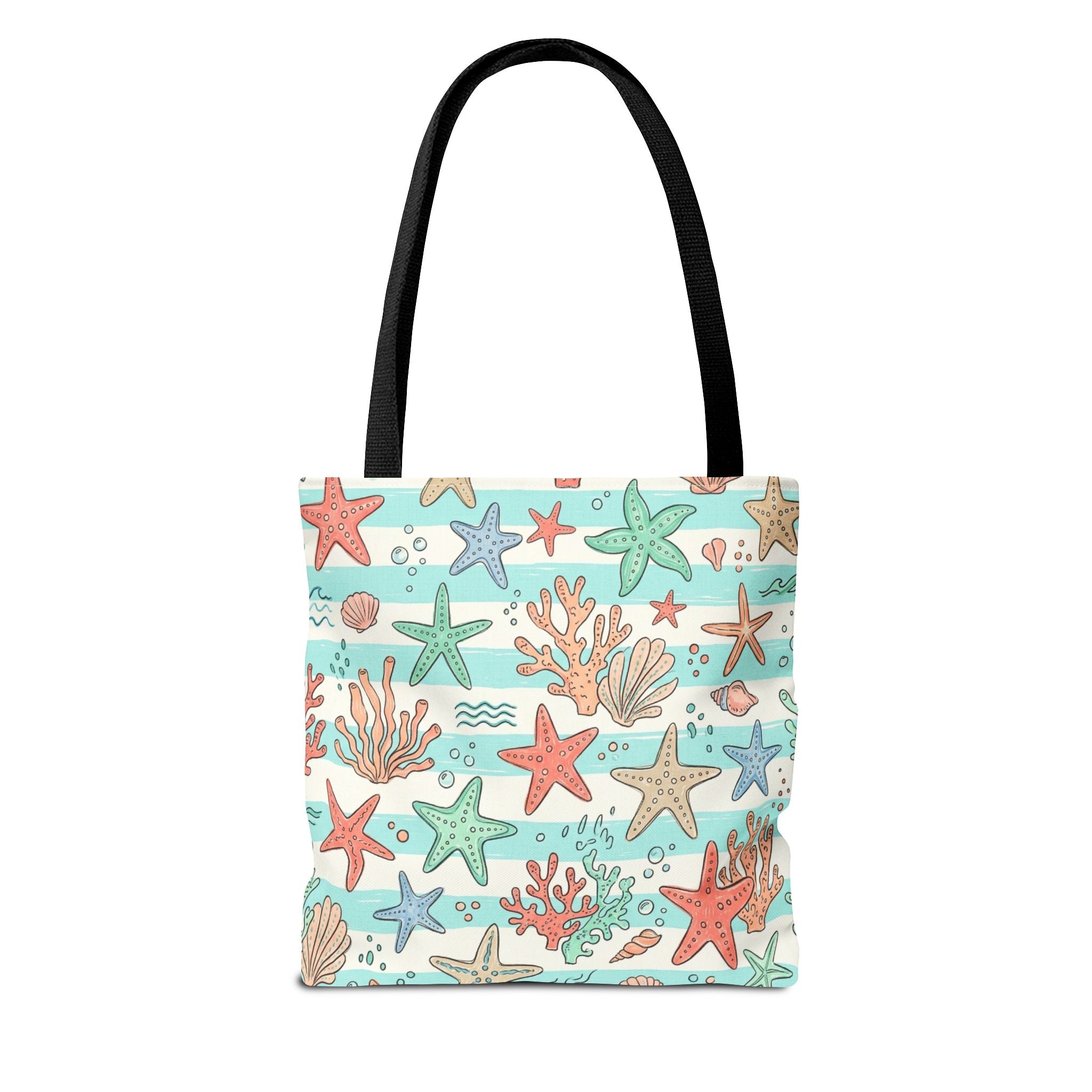 Starfish Coral Pattern Tote Bag | Beach Sea Life Striped Nautical Design