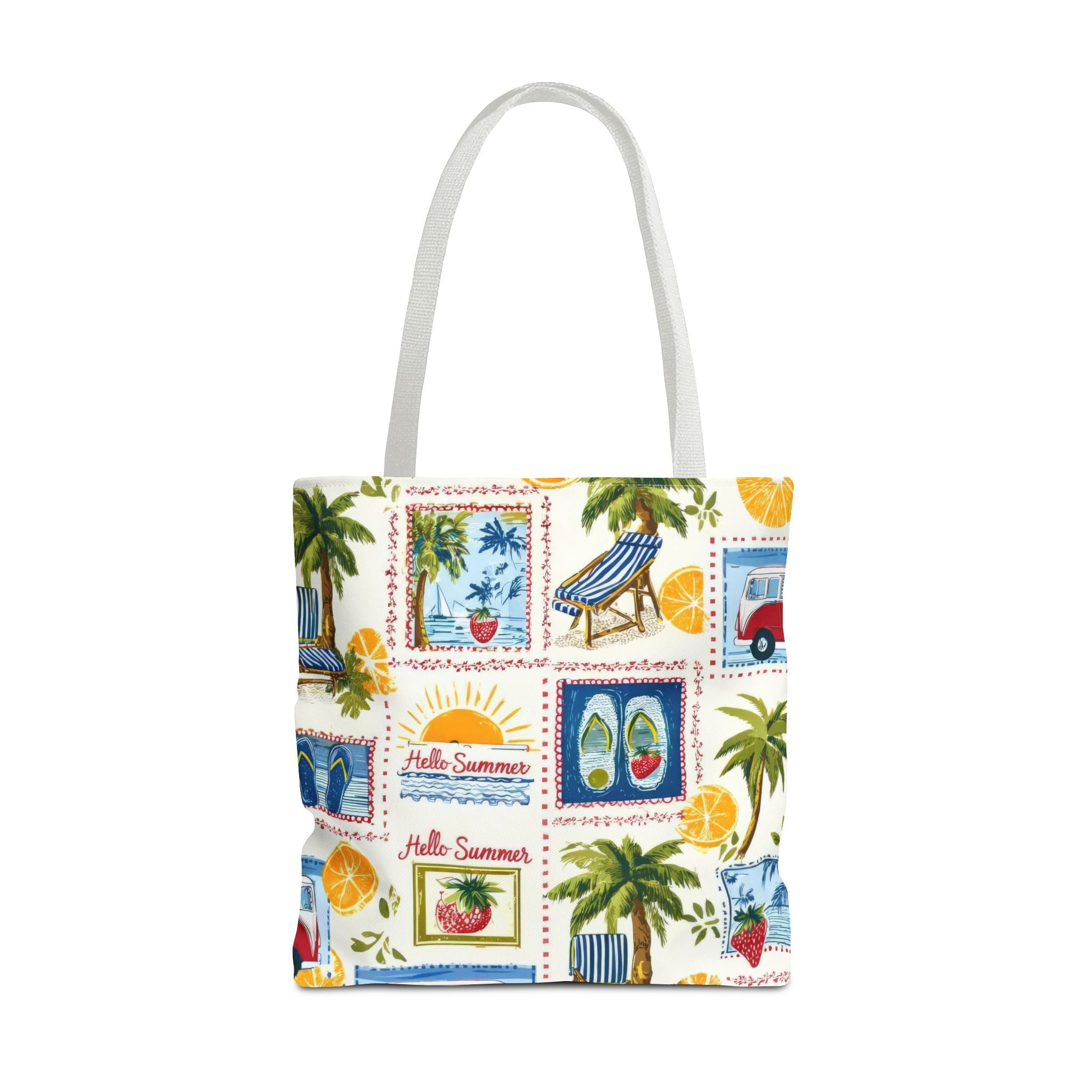 Hello Summer collage Tote Bag | beach palm trees flip flops camper van