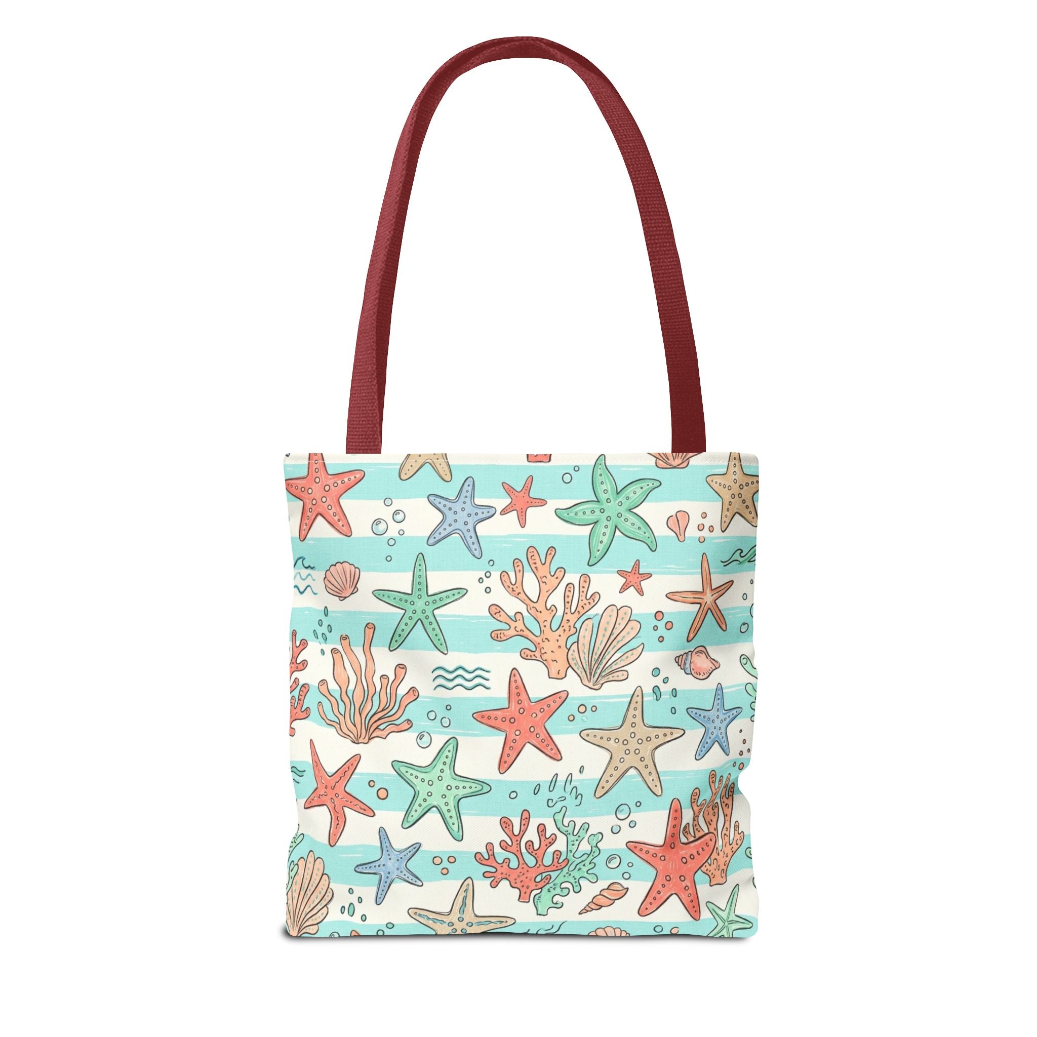 Starfish Coral Pattern Tote Bag | Beach Sea Life Striped Nautical Design