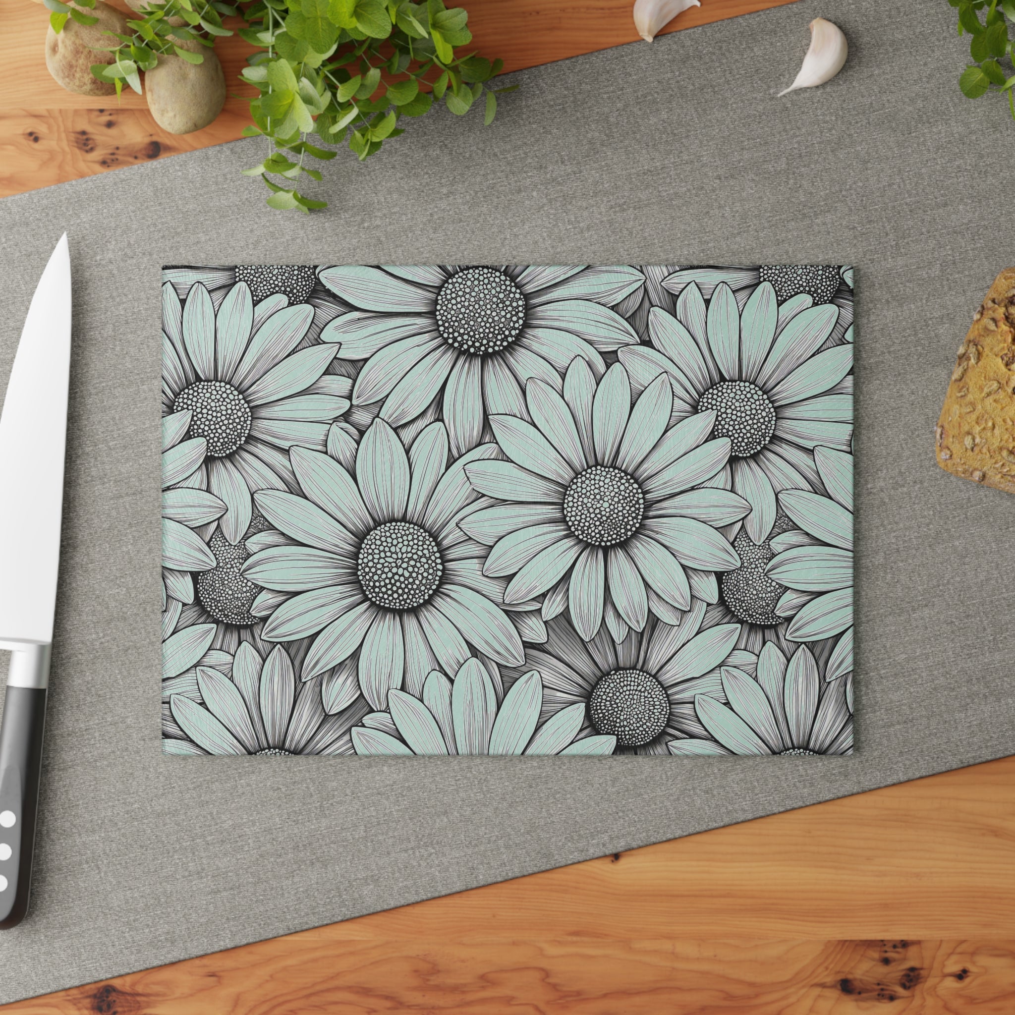 Daisy Floral Pattern Glass Cutting Board | Black White Sunflowers