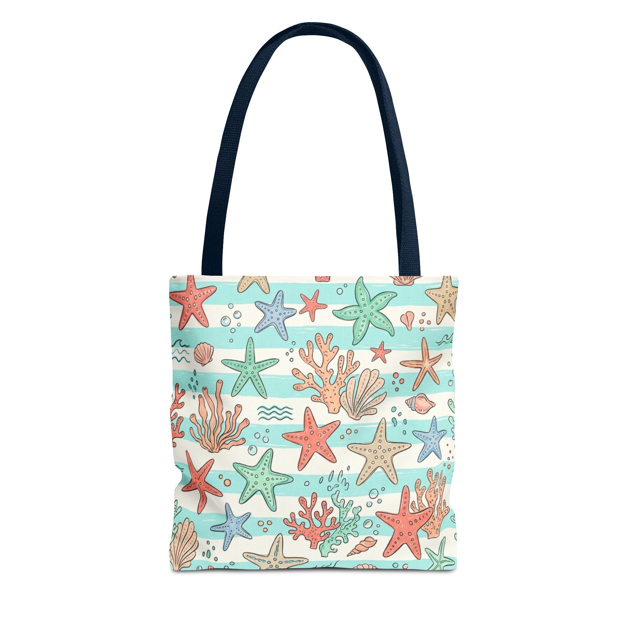 Starfish Coral Pattern Tote Bag | Beach Sea Life Striped Nautical Design