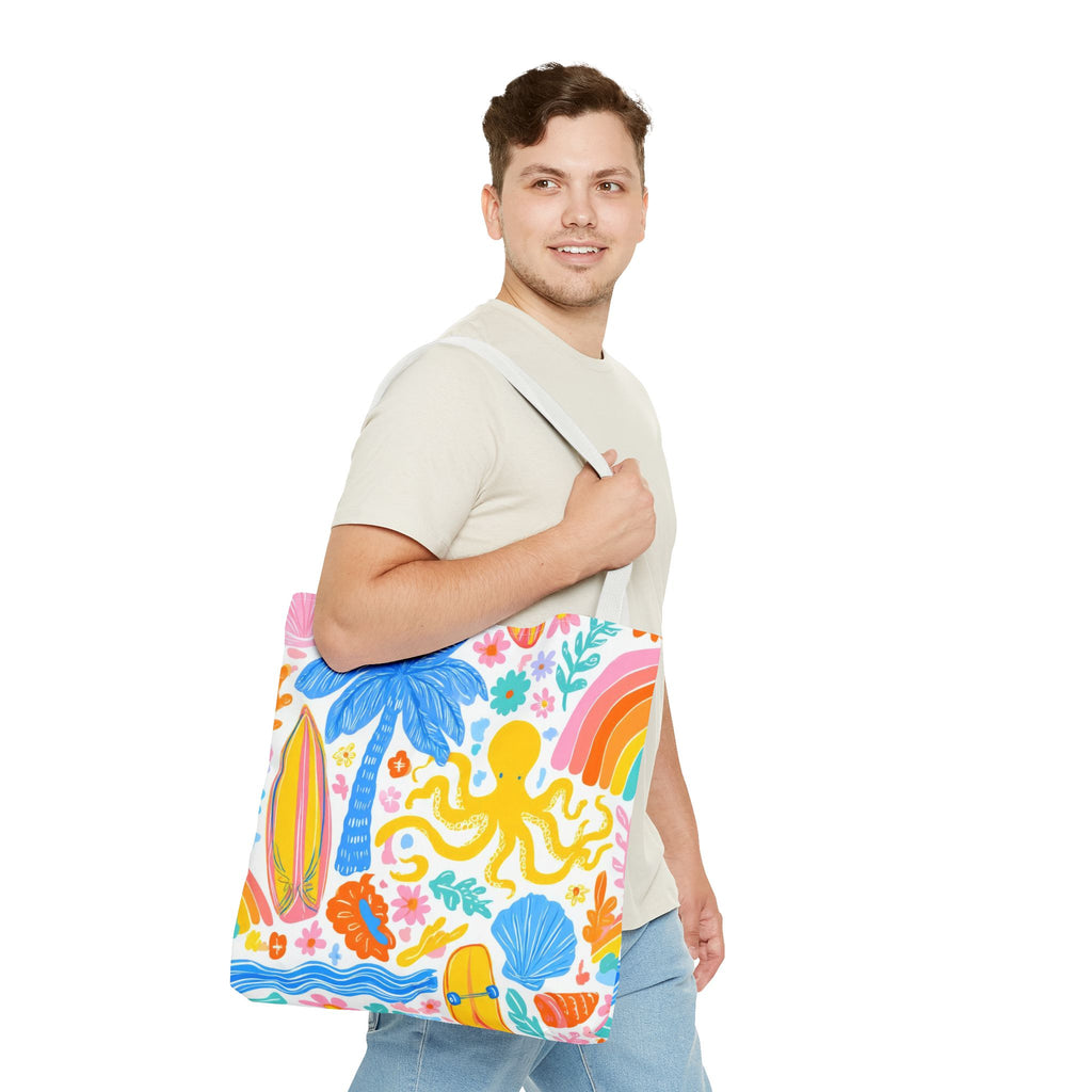 Colorful Beach Octopus Tote Bag | Tropical Palm, Surfboard, Rainbow Print