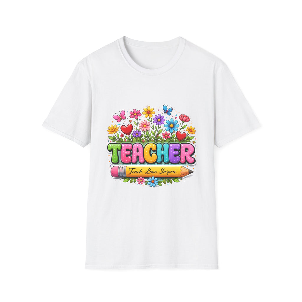 Teacher floral pencil design T-Shirt | Teach Love Inspire, colorful school shirt