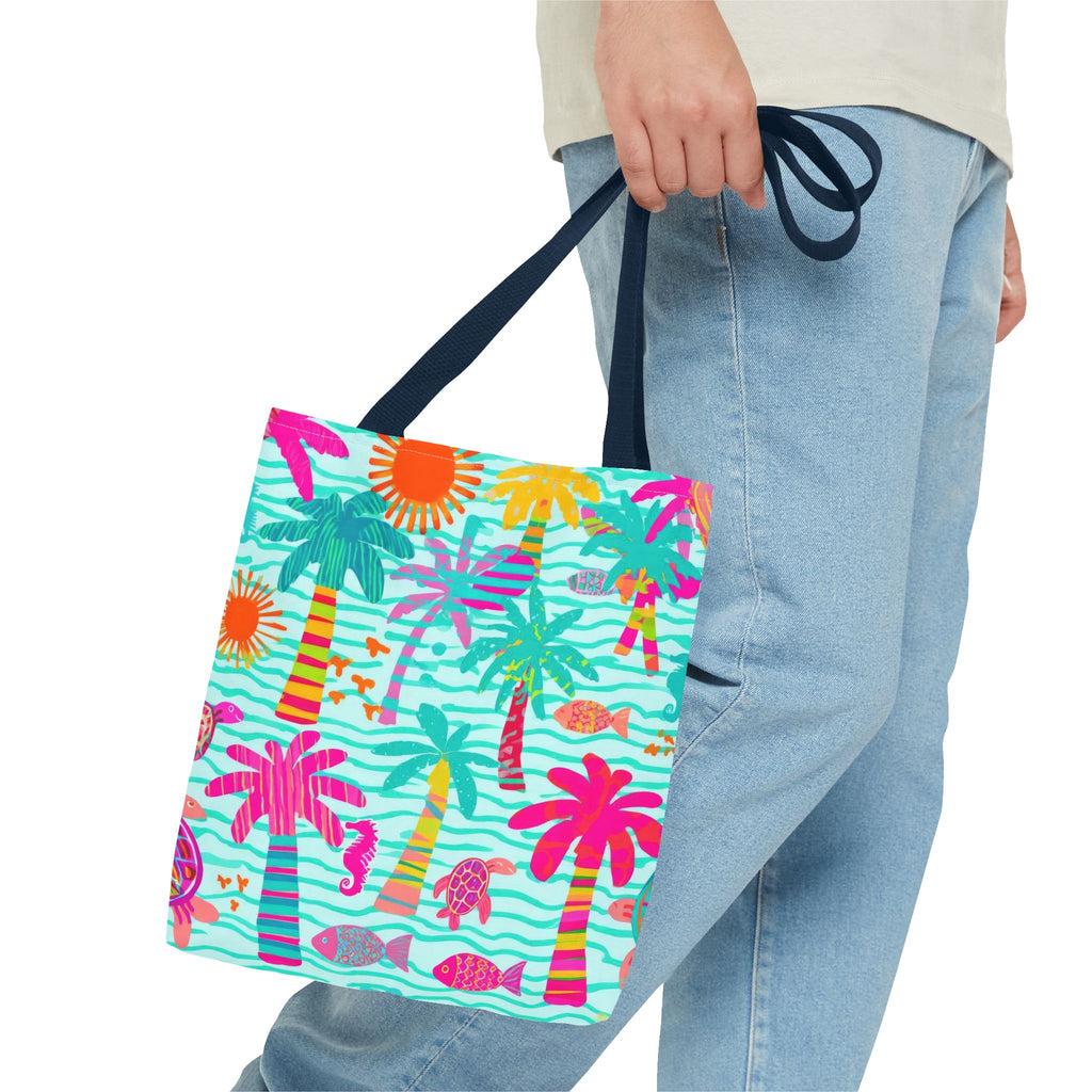 Tropical Palm Pattern Tote Bag | Colorful Beach Palms Stripe All-Over Print