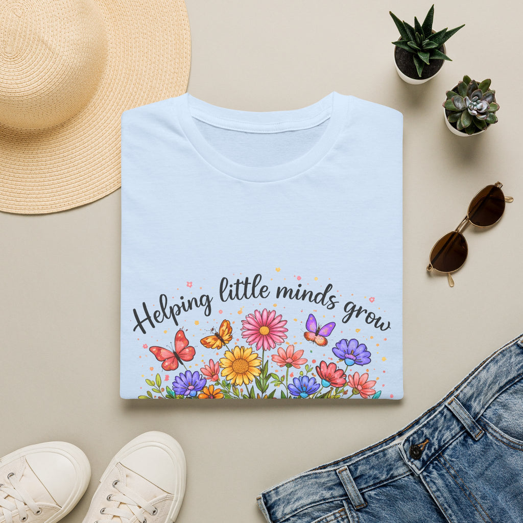 Helping Little Minds Grow T-Shirt | Teach Love Inspire, Floral Open Book Design