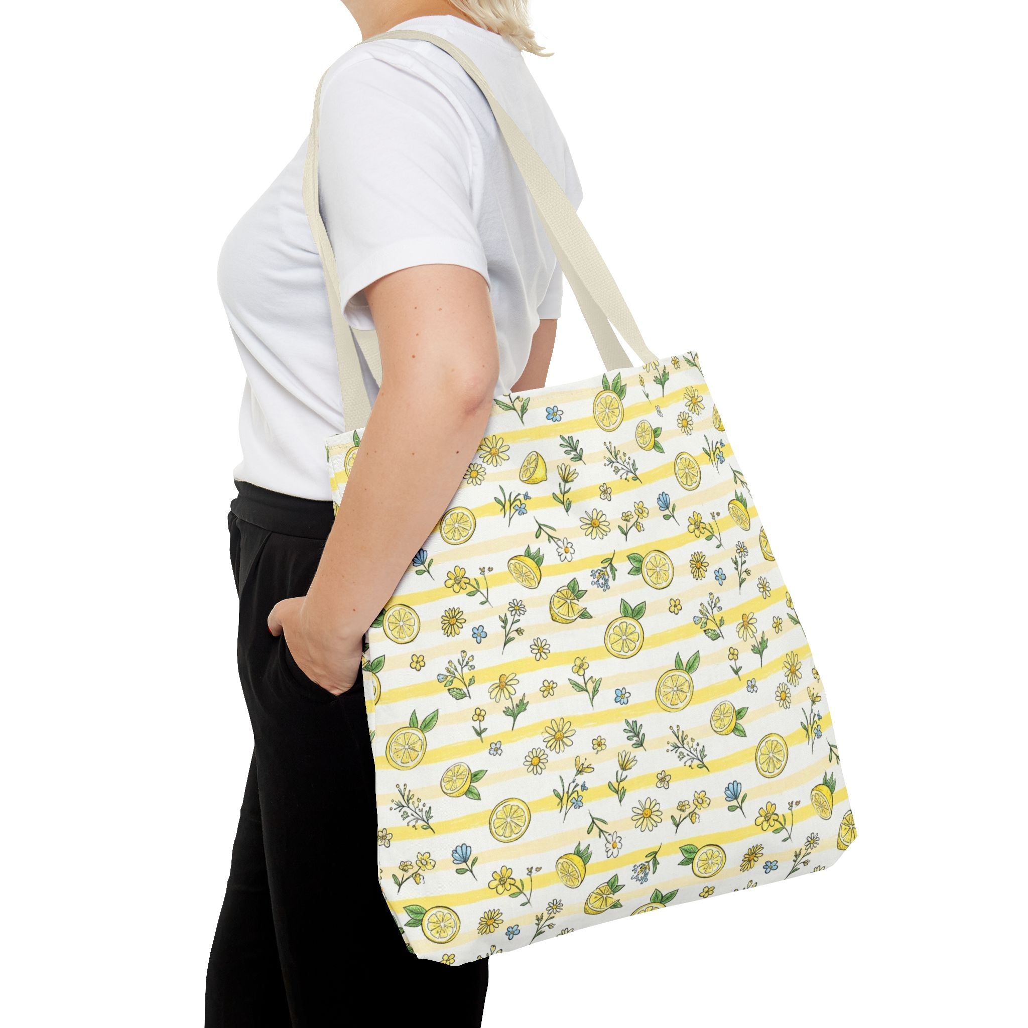 Lemon Stripe Pattern Tote Bag | Citrus Floral All-Over Print