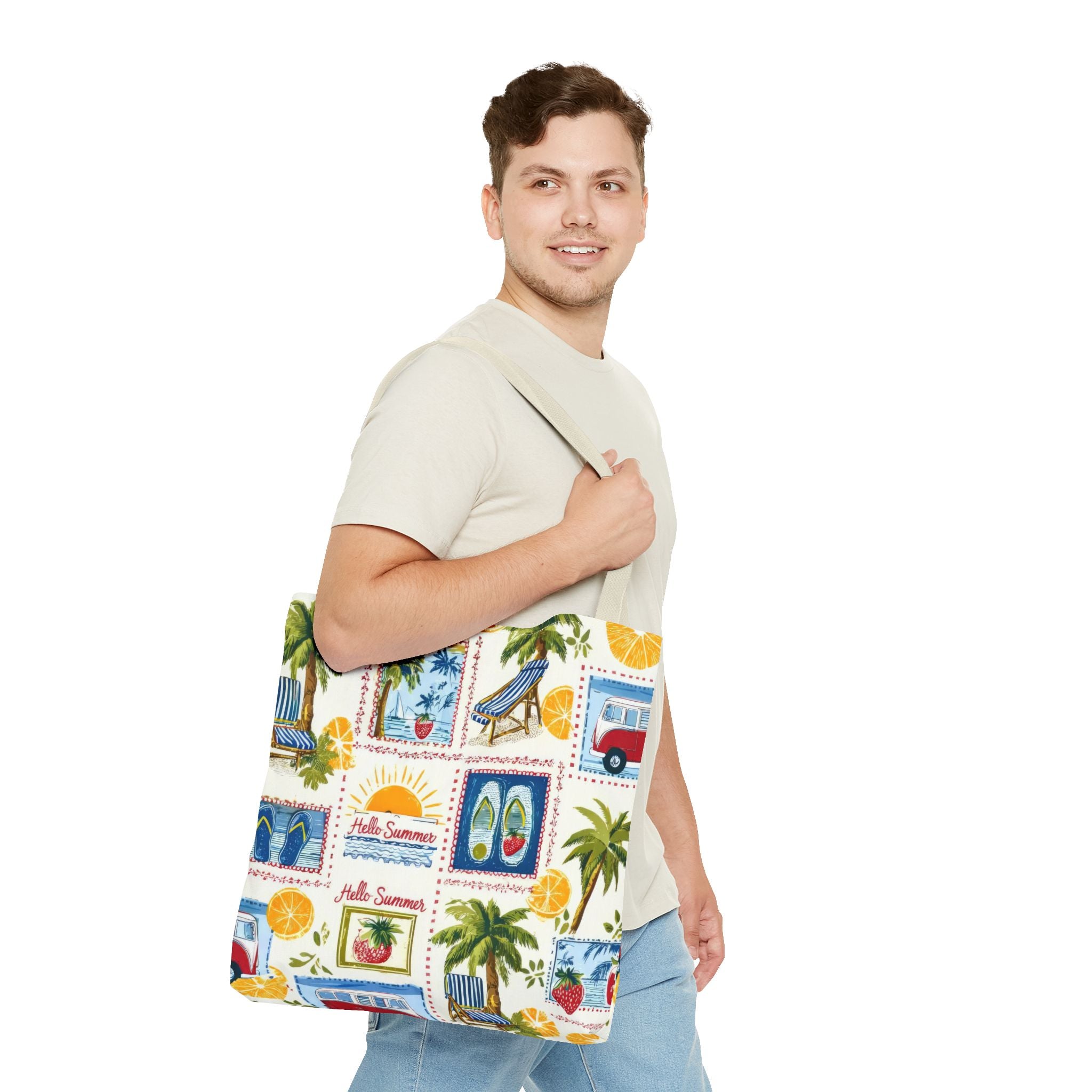 Hello Summer collage Tote Bag | beach palm trees flip flops camper van