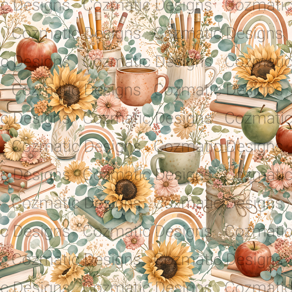 Boho Teacher Supplies Seamless Pattern PNG | Back to School | Digital Download for Sublimation & Crafts