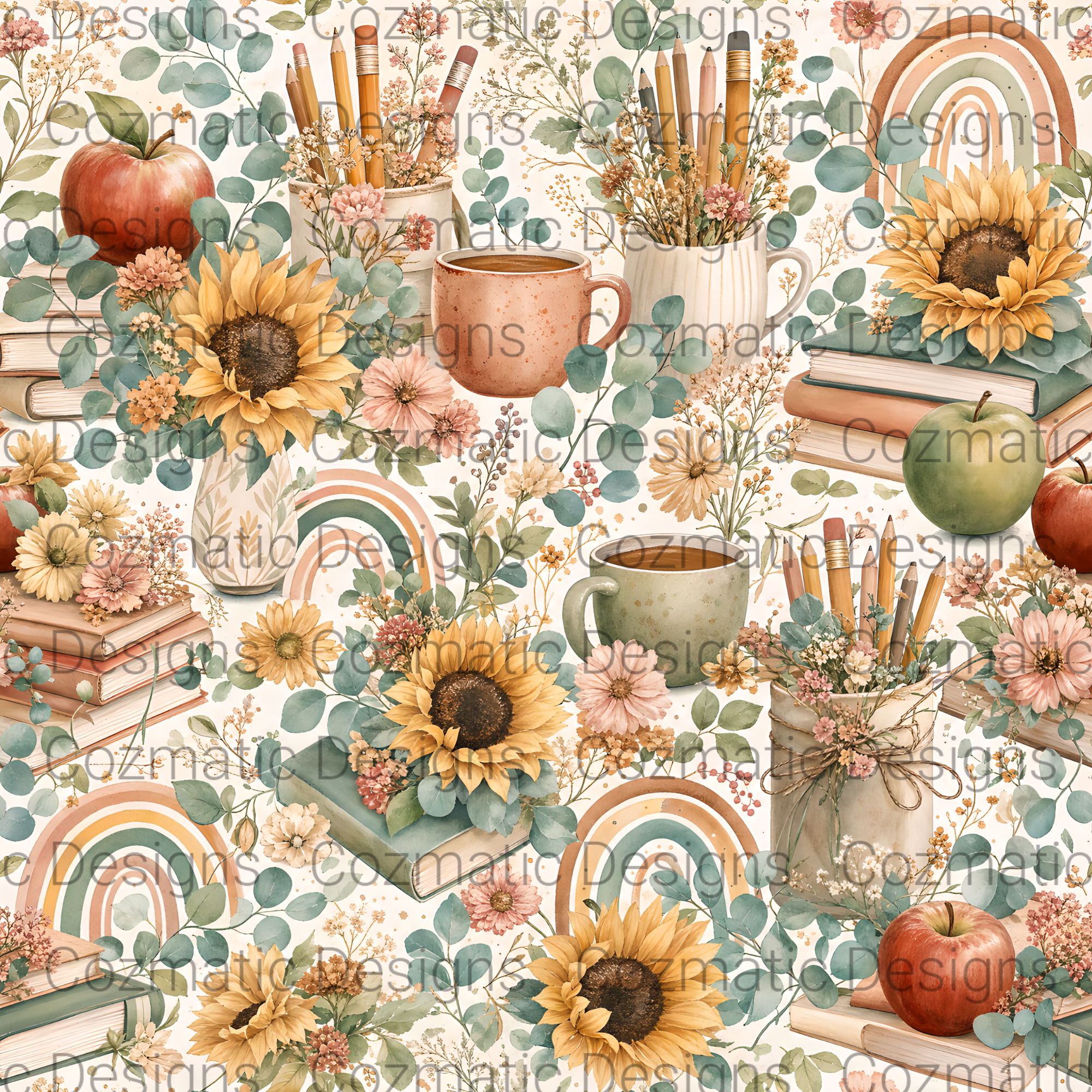 Boho Teacher Supplies Seamless Pattern PNG | Back to School | Digital Download for Sublimation & Crafts