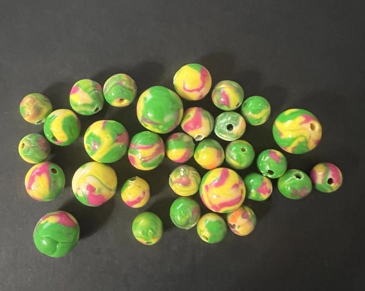 Handmade Polymer Clay Beads Green Yellow Pink Marbled