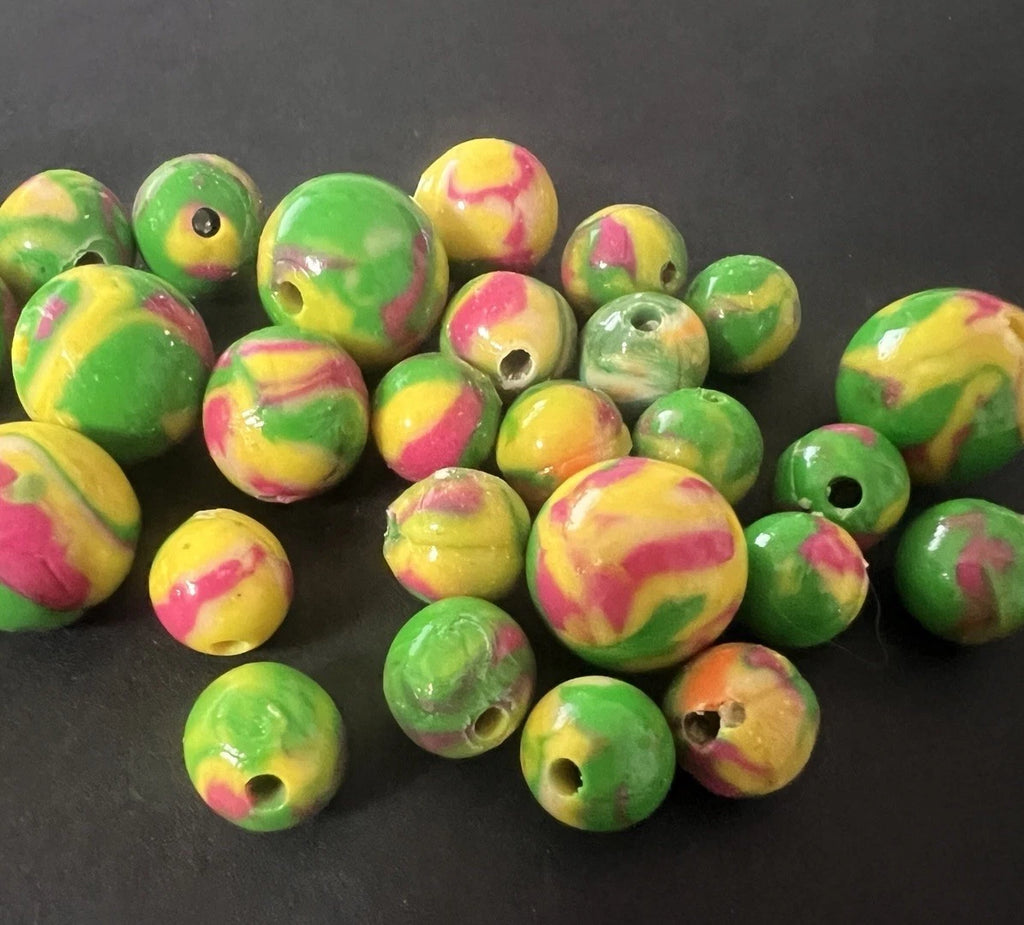 Handmade Polymer Clay Beads Green Yellow Pink Marbled